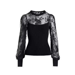 Boston Proper Lace Illusion Balloon-Sleeve Sweater - Black L
